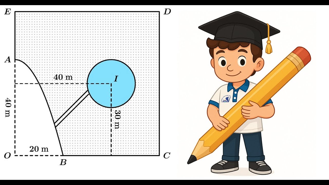 Một cái ao có hình ABCDE (như hình vẽ), ở giữa ao có một mảnh vườn hình tròn bán kính 10m.