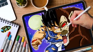 Split Drawing Of Kid Goku Turning Great Ape Dragon Ball Digital Art