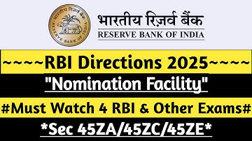 RBI Directions on Nomination Facility Oct 2025 | Accounts, Safe Custody, Lockers | Sec 45ZA,C,E