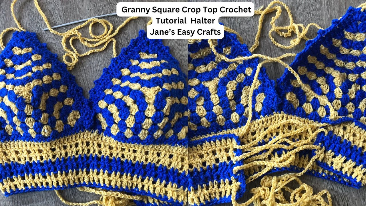 Granny Square Crop Top Crochet Tutorial  Halter Blue/Gold