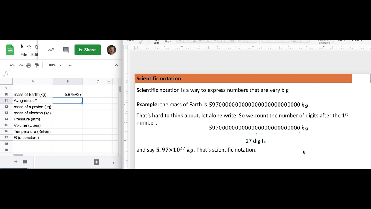 Entering numbers in a spreadsheet using scientific notation YouTube
