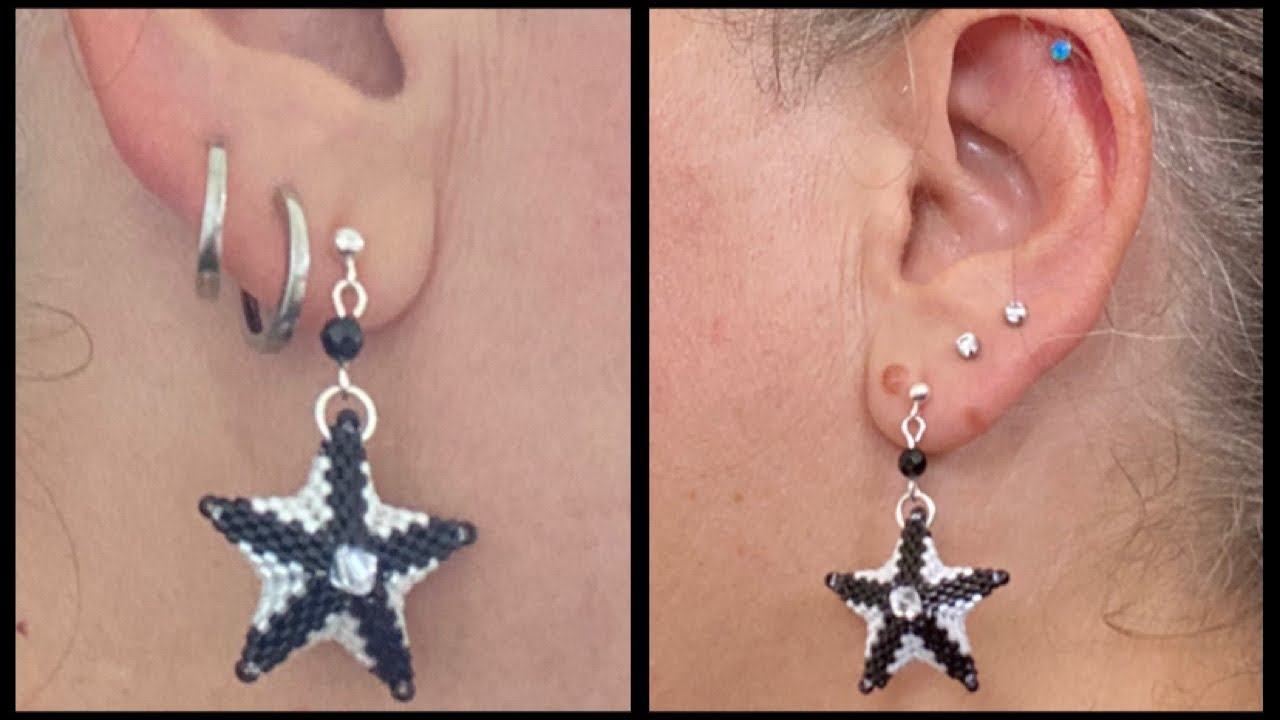 Boucles d’oreilles étoile 3D en peyote (tuto pour gauchers)