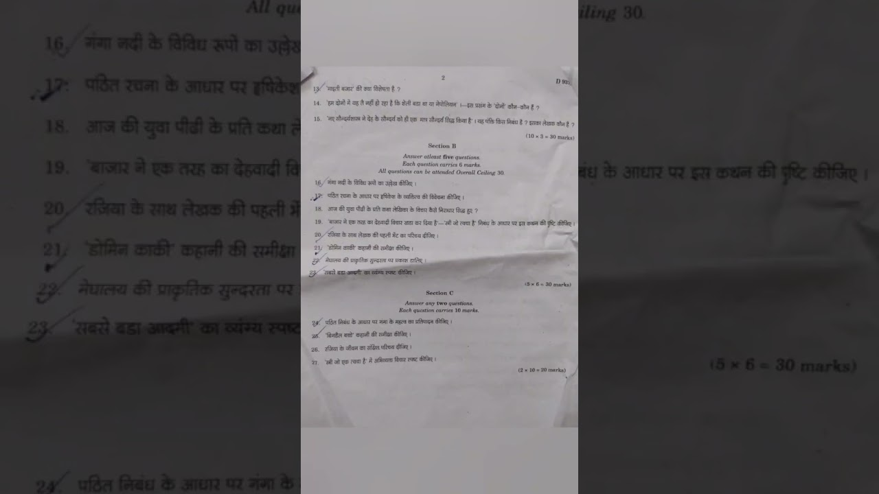 first semester b.com / bba Hindi previous year question papers 