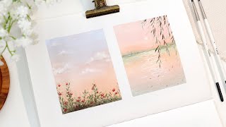 ⛅ Easy Mini Gouache Painting Tutorial // Spring Sunset & Flowers