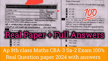 Ap 8th class maths cba-3 Sa-2 real question paper 2024 with answers|8th Sa2 maths paper and answers