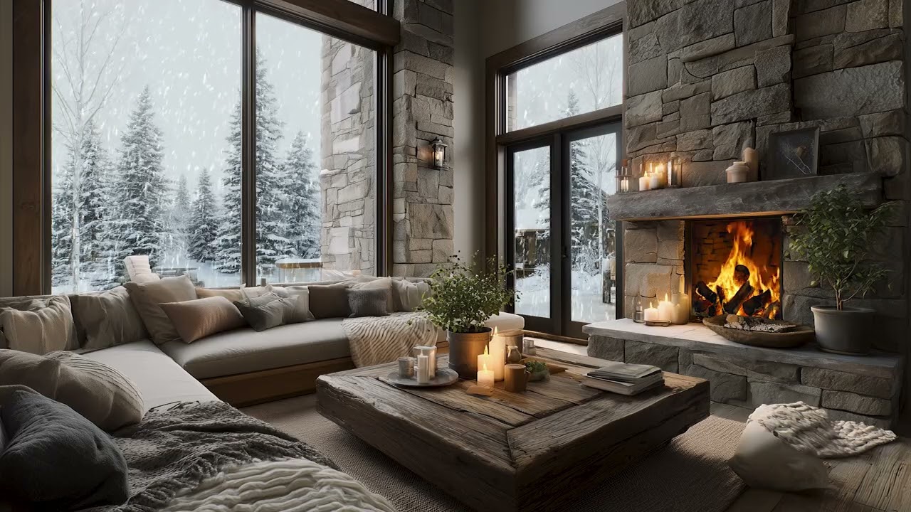 Snowy Winter Day at a Cozy Cabin | Fireplace Jazz Ambience