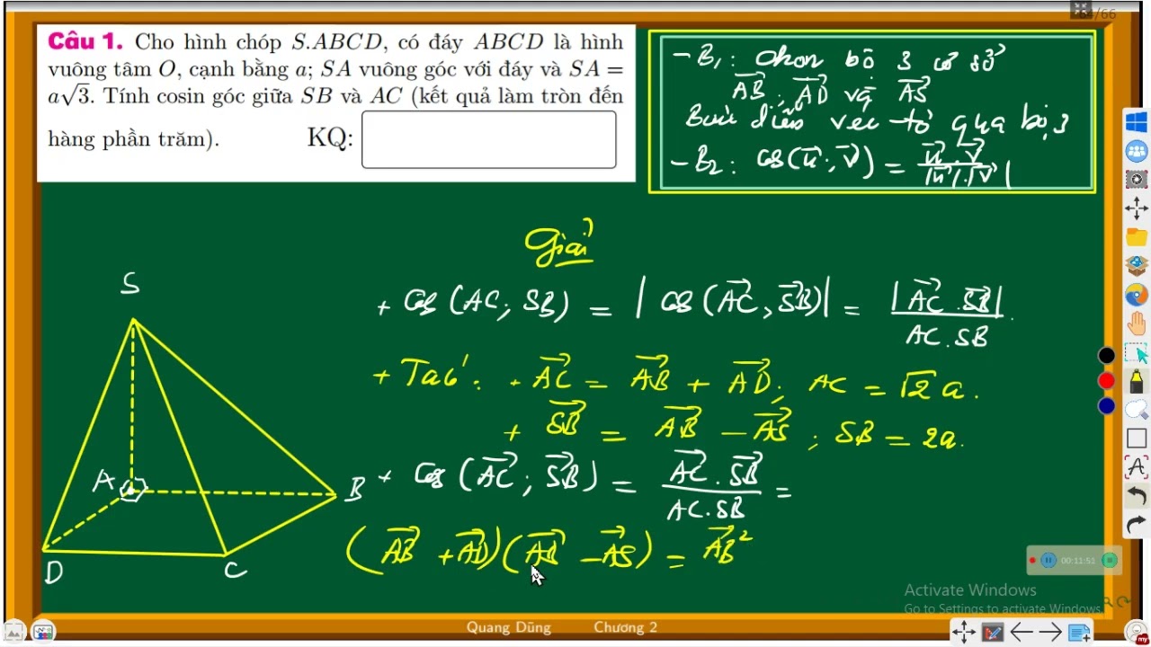 Tính góc giữa hai đường thẳng bằng tích vô hướng