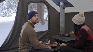 Winter Camping in Hot Tent with Wood Stove | Snow Storm Adventure Pt 1