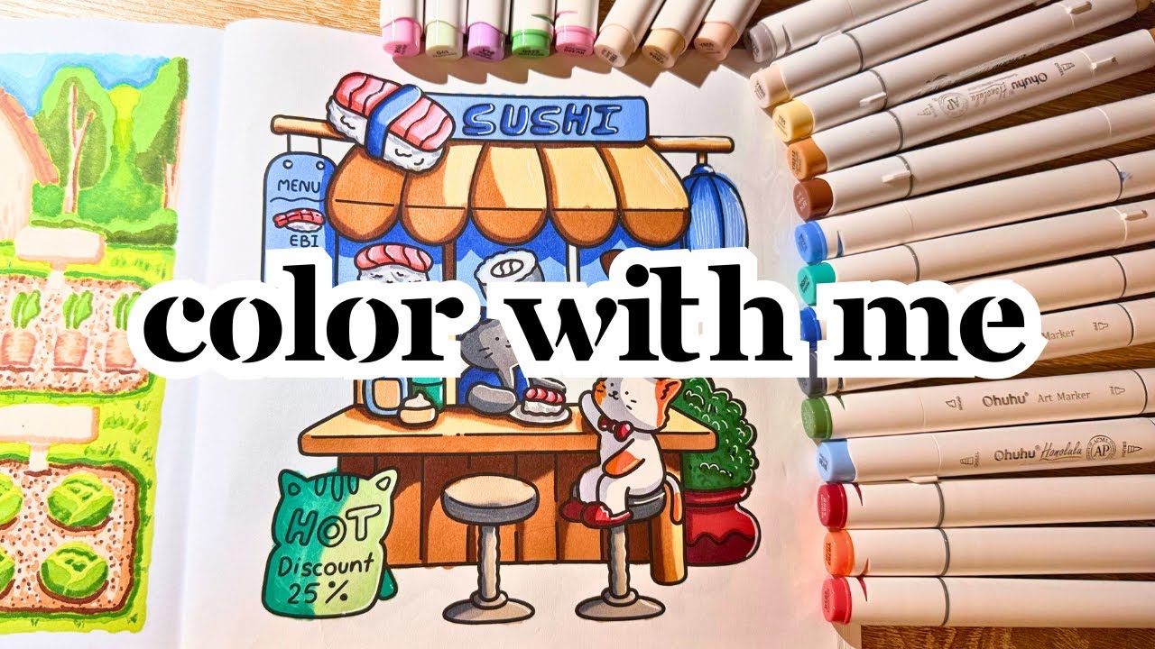 ASMR Coloring 🍣 Cozy Sushi Stand | Real Marker Sounds | No Talking