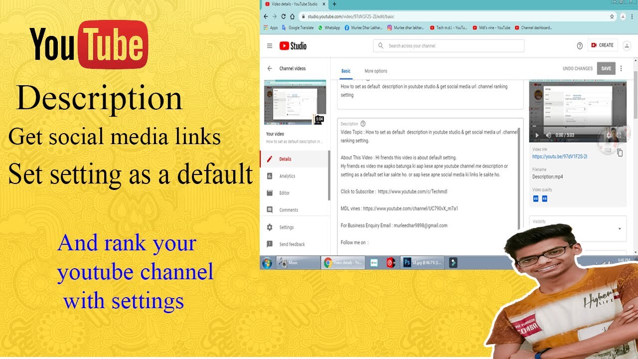How To Set As Default Description In Youtube Studio Get Social Media Url Channel Ranking Setting Youtube