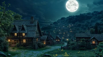 Peaceful Village Medieval Ambience with Relaxing Night Village Sounds, Crickets, Owl Sounds, Winds🌛