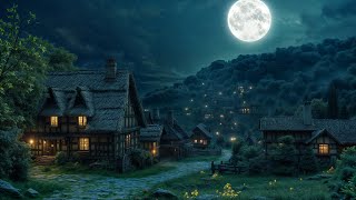 Peaceful Village Medieval Ambience with Relaxing Night Village Sounds, Crickets, Owl Sounds, Winds🌛