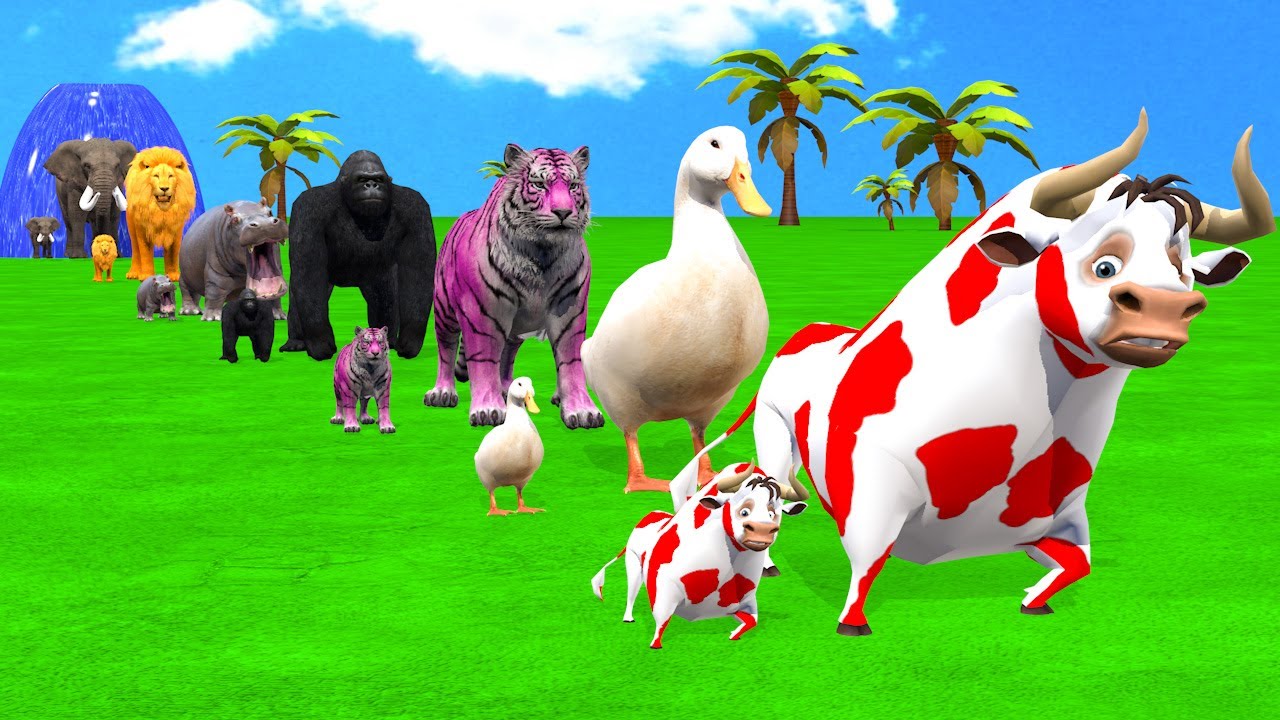 Long Slide Game With Cow Elephant Gorilla Hippopotamus Tiger - 3d Animal Game - Funny 3d Animals