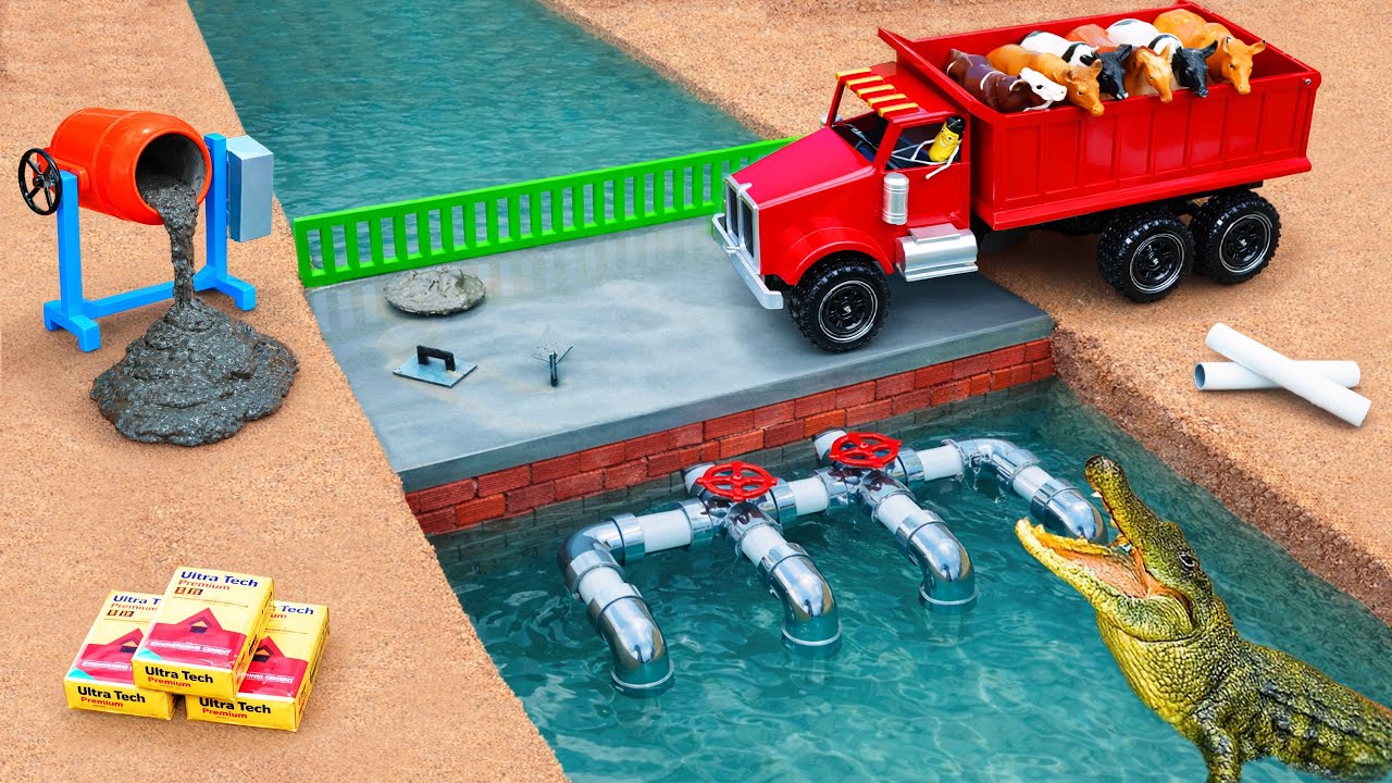 Crocodile Destroys Wooden Bridge | DIY Mini Tractor Builds a Strong Brick Bridge for Trucks
