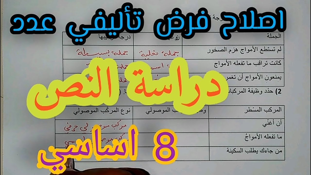 8 اساسي - اصلاح + تفسير فرض تاليفي عدد 1 في دراسة النص