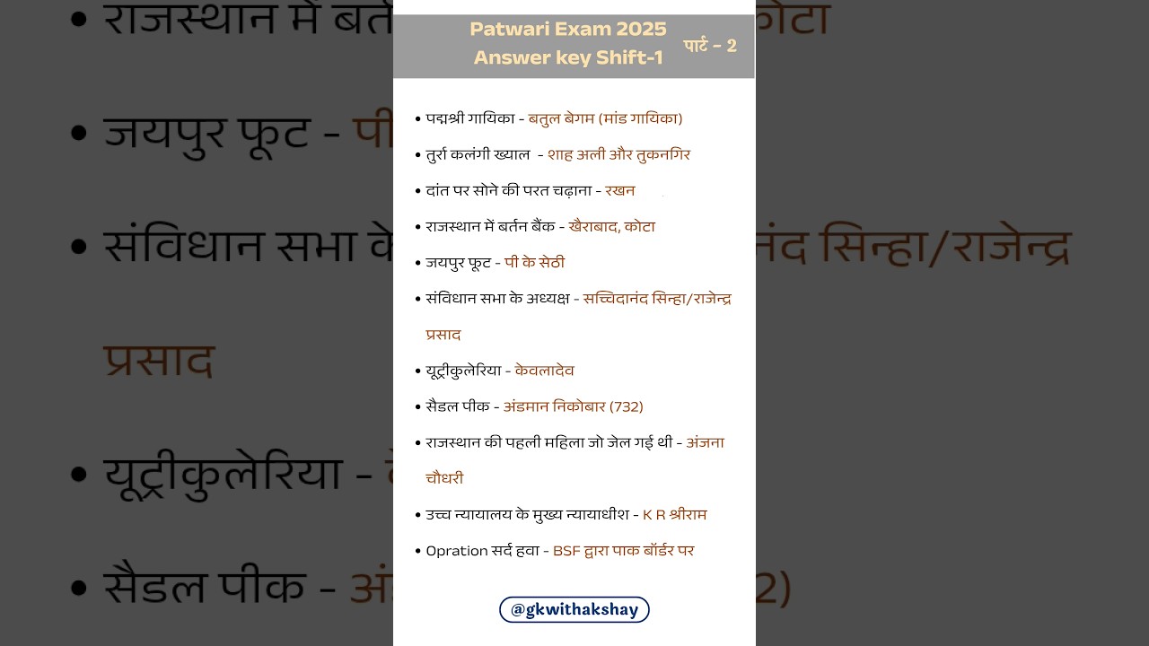 Patwari exam answer key Shift-1 । Patwari Answer key । Patwari exam 2025 
