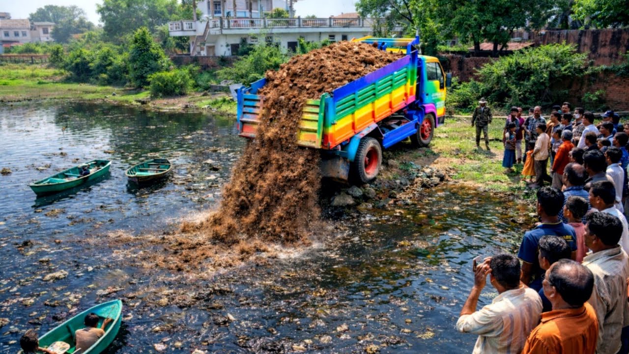 New Complete soil in water PROJECT!! 5 T Truck Dumping & Bulldozer KOMATSU D20P Pushing Soil