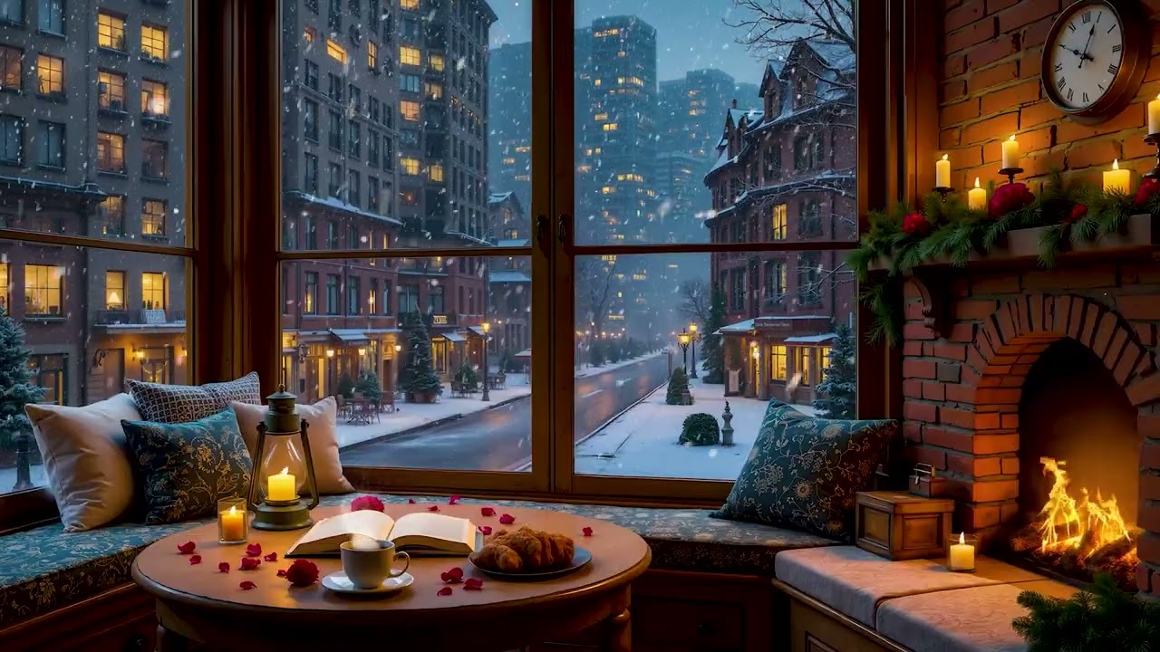 Зимний джаз в уютном кафе ☕ Падающий снег, нежный фортепианный джаз и атмосфера кафе для учёбы