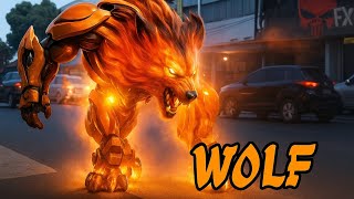 wolf robot on the highway, fiery, angry