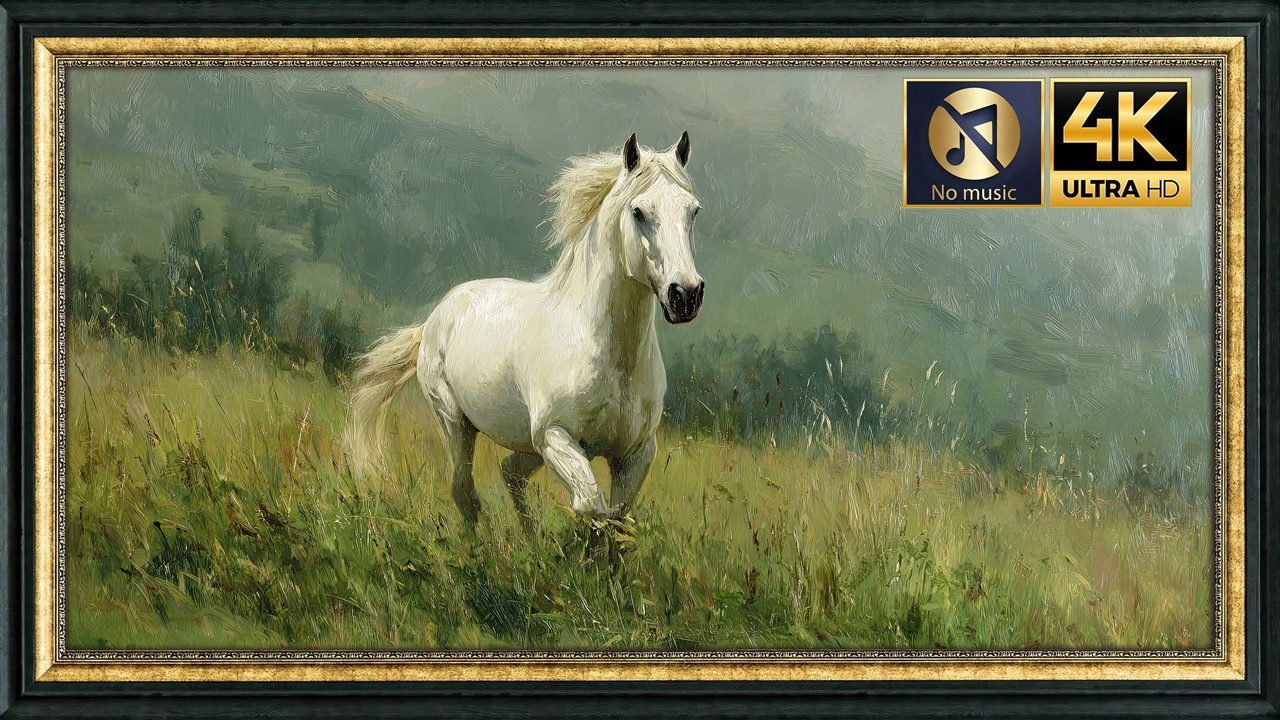 4K Single Image TV Art | White Horse Galloping Free | Silent Serenity