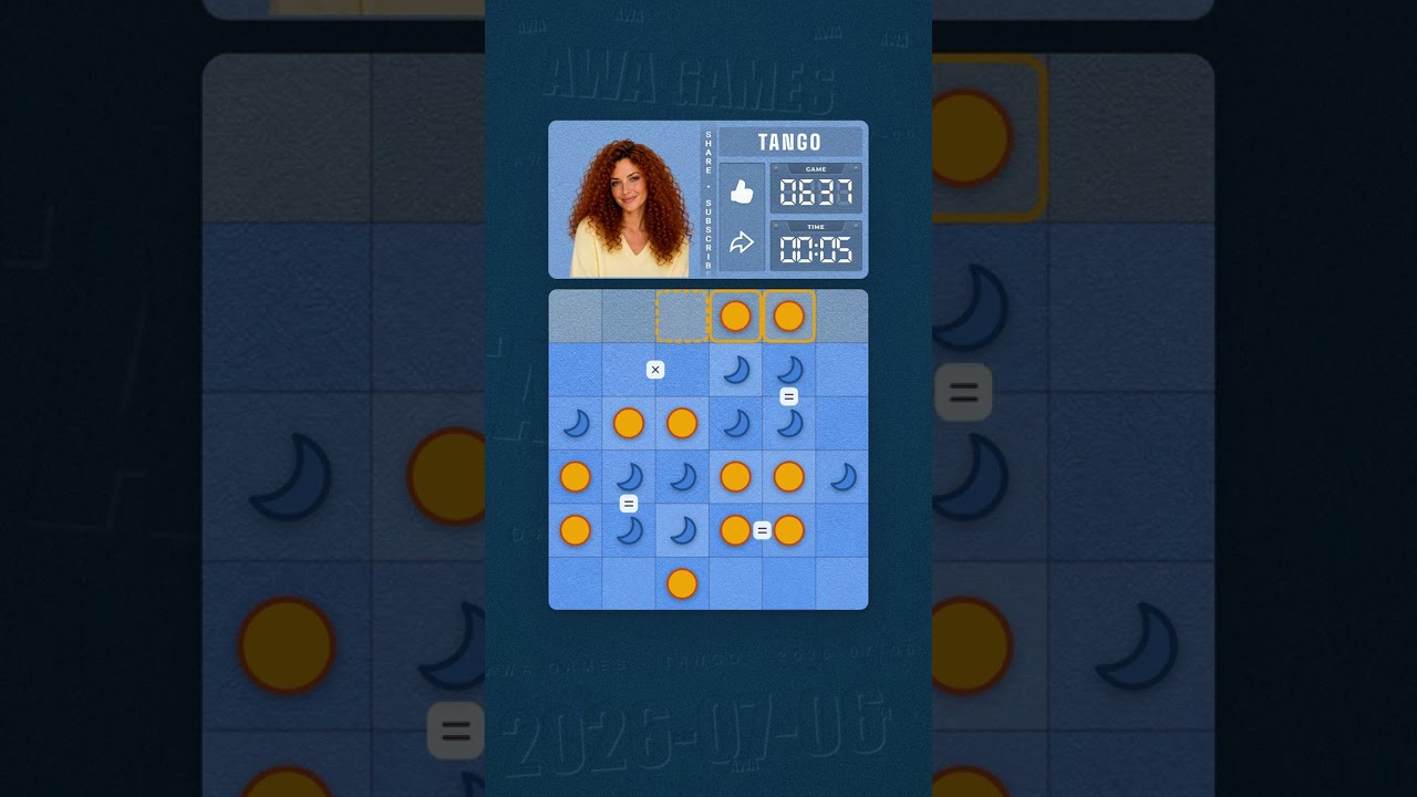 LinkedIn Tango #637 solved board for July 6, 2026, 6x6 grid