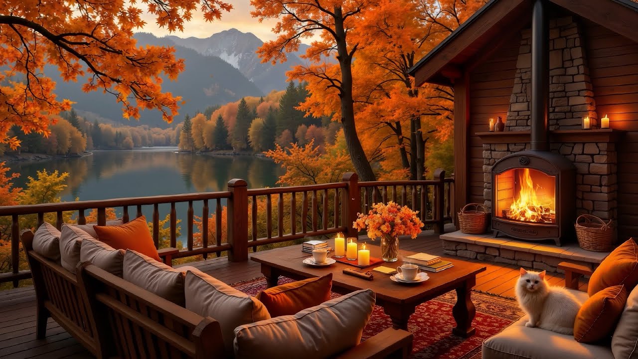 Cozy Autumn Lakeside Porch Ambience 🍁🔥 Soft Piano & Crackling Fireplace Sounds for Study and Relax