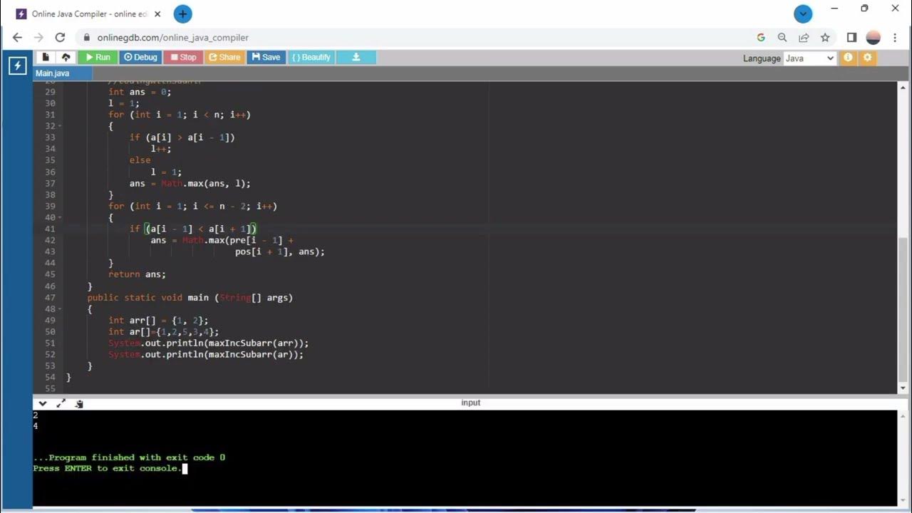 Increasing subarray accolite coding solutions python c java c