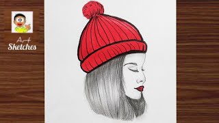 How to draw A girl wearing a winter cap - Pencil sketch for beginners || bir kız nasıl çizilir