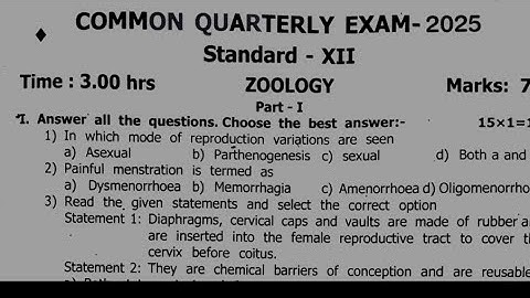 12th zoology Quarterly Exam original question paper 2025 