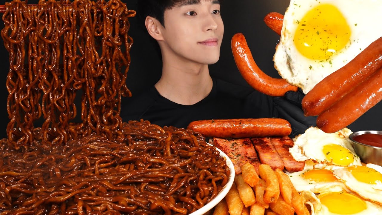 ASMR MUKBANG BLACK BEAN NOODLES & SAUSAGES & EGGS & FRENCH FRIES