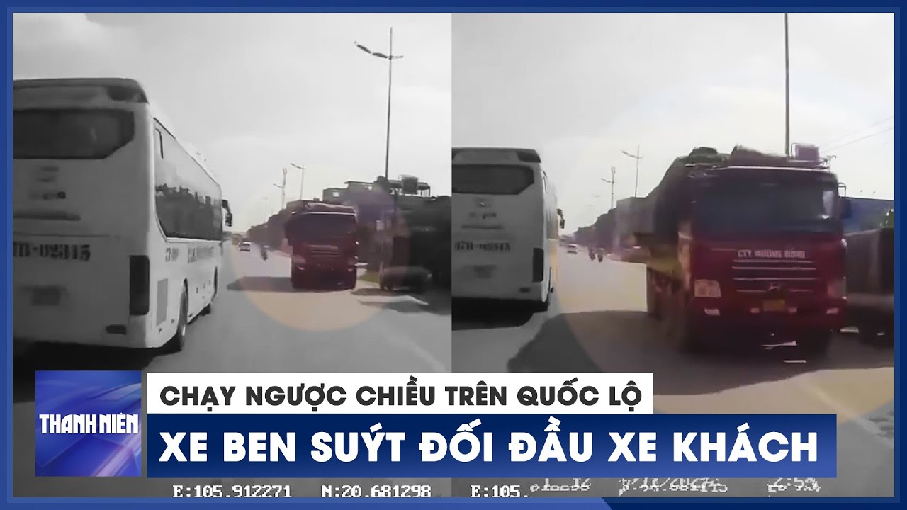 Ngang nhiên chạy ngược chiều, xe ben suýt đối đầu xe... - youtube