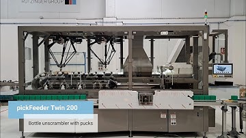 Robotic bottle unscrambler with pucks for cosmetics  - pickFeeder PFTW200
