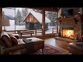Winter Cozy Cabin in Snowfall with Crackling Fireplace Sound, Cracking Fire and Snow Falling