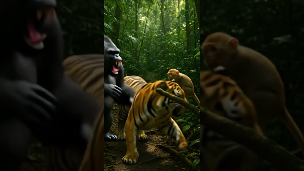 Thrilling Jungle Rescue: Gorilla Protects Monkey from Tiger! 🌿🐒