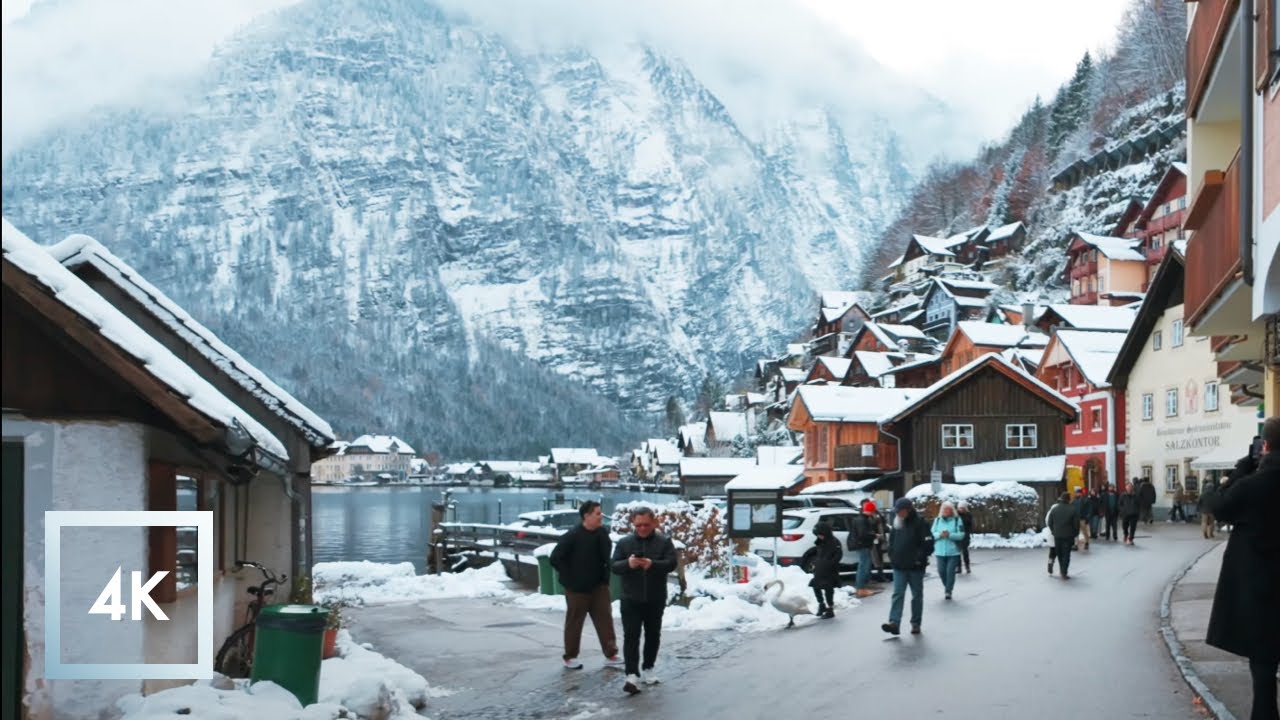 Snowy Scenic Winter Walk in Hallstatt, Austria, Morning Binaural Winter Sounds