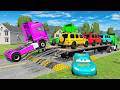TRANSPORTING PIXAR CARS &amp; FRUITS WITH COLORED &amp; JOHN DEERE vs CLAAS vs TRACTORS - BeamNG.drive #962