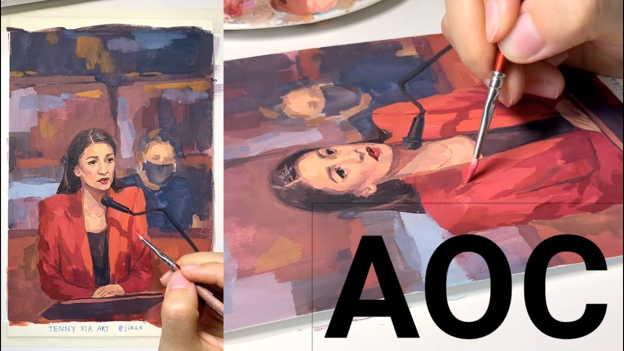 Alexandria Ocasio Cortez - gouache portrait painting process - YouTube