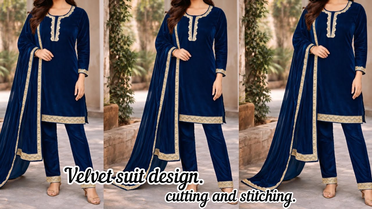 Beautiful Velvet suit desing💙 cutting and stitching#youtubevideo#embroiderywork#velvetsuit#instagram