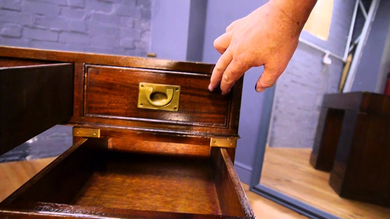 Twin Pedestal Military Campaign Writing Desk Green Leather Top