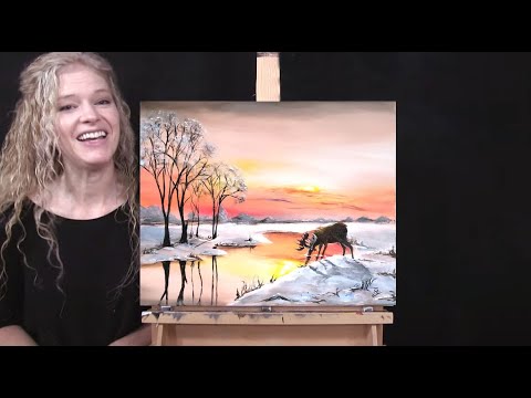 How to Draw and Paint SUNRISE MORNING MOOSE with Acrylics - Paint and Sip  at Home - Fun Art Tutorial 