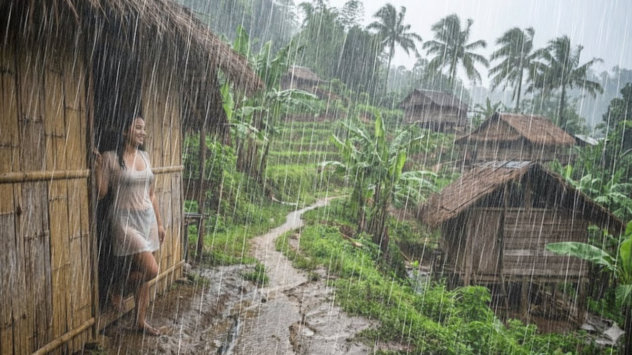 Super Heavy Rain Walk in Village - 99% Instantly Fall Asleep With Heavy ...