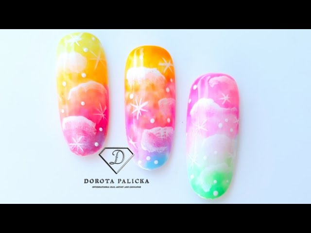How to do Rainbow sky nails, rainbow clouds nail art trend. Clouds nail art