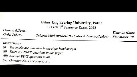 Mathematics-I (Calculus & Linear Algebra) || BEU 2022 Question Paper-105102 || B-Tech || Bihar Engg