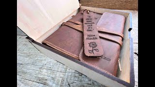 Custom designed and engraved by laser refillable leather journals.