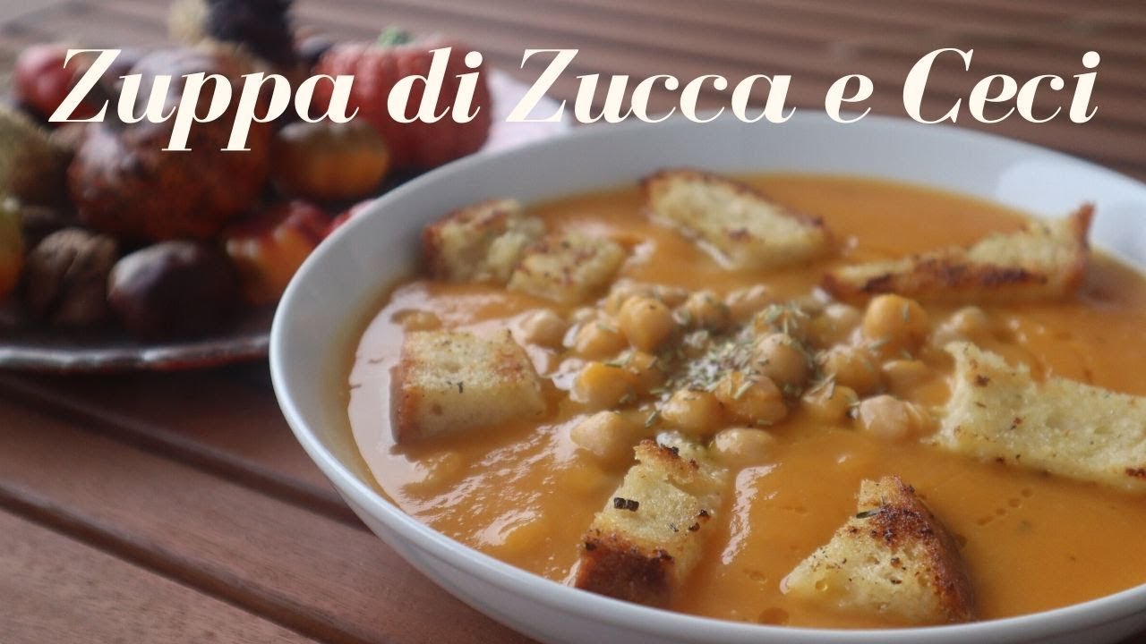 Zuppa di ceci e zucca, con crostini e aromi