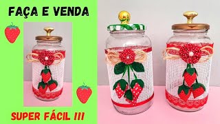 Como fazer VIDRO DECORADO com MORANGUINHOS de TECIDO ?? | Faça Você Mesmo | Reciclagem - DIY