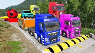 Double Flatbed Trailer Truck vs Speedbumps Train vs Cars | Tractor vs Train Beamng.Drive 0004