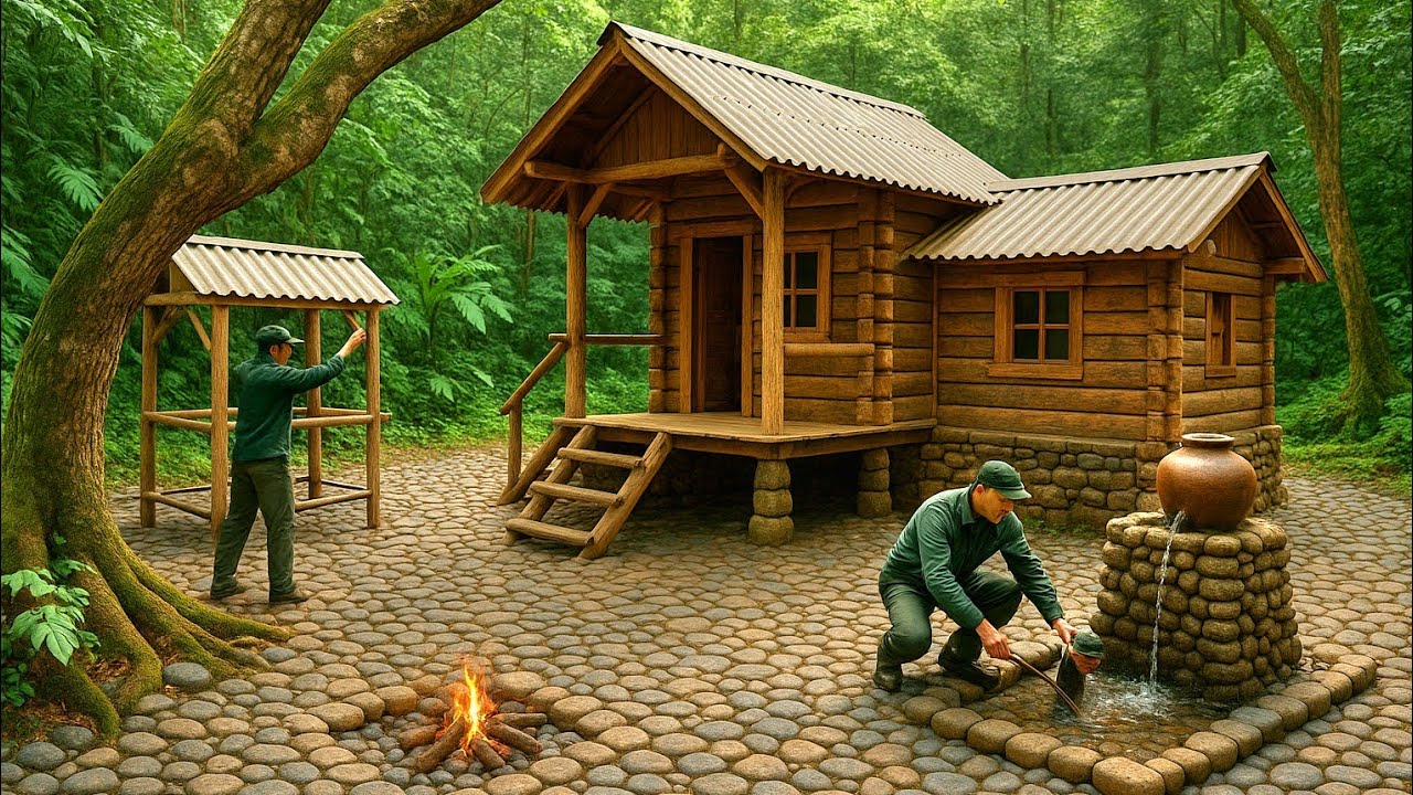 build a wooden house, fish pond, vegetable garden, alone in the forest
