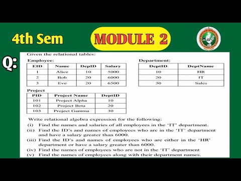 Relational Algebra Expressions with Employee, Department & Project Tables | DBMS Module 2 BCS403 VTU