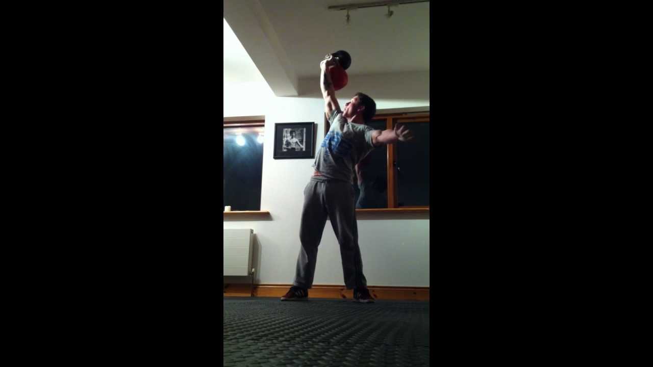 56kg stacked kettlebell press , 40kg bottom to bottoms up press. YouTube